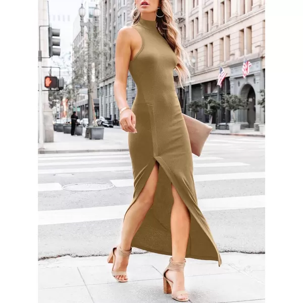 imageANRABESS Womens Sleeveless Mock Neck Slit Bodycon Dress Ribbed Knit Slim Fit Party Maxi DressCamel
