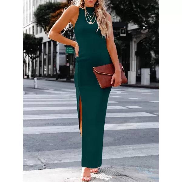 imageANRABESS Womens Sleeveless Mock Neck Slit Bodycon Dress Ribbed Knit Slim Fit Party Maxi DressDeep Green