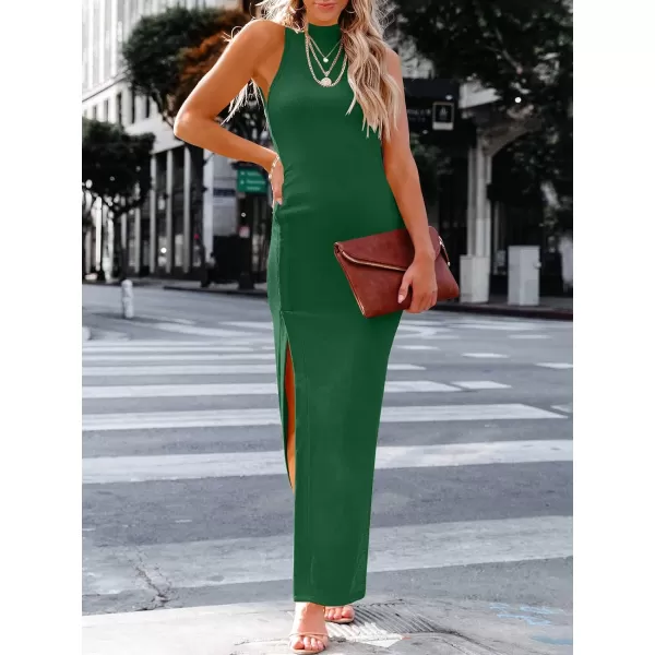 imageANRABESS Womens Sleeveless Mock Neck Slit Bodycon Dress Ribbed Knit Slim Fit Party Maxi DressGrass