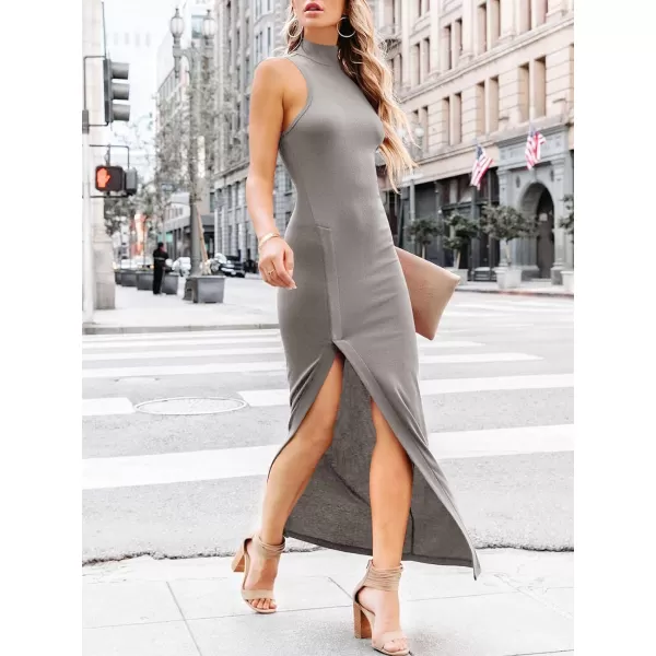 imageANRABESS Womens Sleeveless Mock Neck Slit Bodycon Dress Ribbed Knit Slim Fit Party Maxi DressGrey