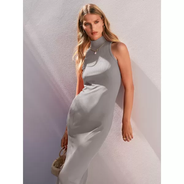 imageANRABESS Womens Sleeveless Mock Neck Slit Bodycon Dress Ribbed Knit Slim Fit Party Maxi DressGrey