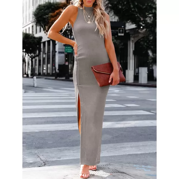 imageANRABESS Womens Sleeveless Mock Neck Slit Bodycon Dress Ribbed Knit Slim Fit Party Maxi DressGrey