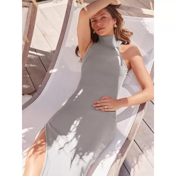 imageANRABESS Womens Sleeveless Mock Neck Slit Bodycon Dress Ribbed Knit Slim Fit Party Maxi DressGrey