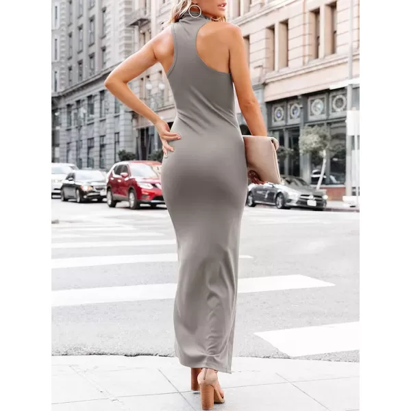 imageANRABESS Womens Sleeveless Mock Neck Slit Bodycon Dress Ribbed Knit Slim Fit Party Maxi DressGrey