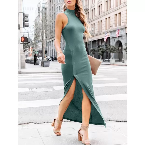 imageANRABESS Womens Sleeveless Mock Neck Slit Bodycon Dress Ribbed Knit Slim Fit Party Maxi DressLake