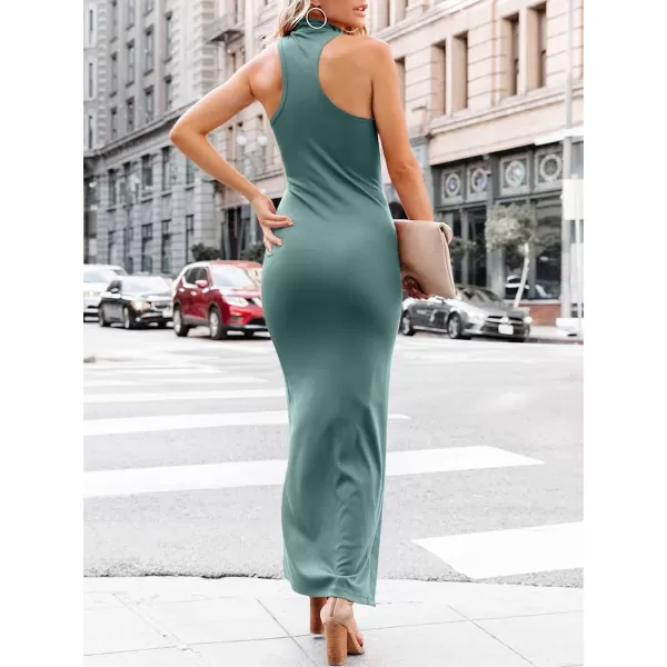 imageANRABESS Womens Sleeveless Mock Neck Slit Bodycon Dress Ribbed Knit Slim Fit Party Maxi DressLake