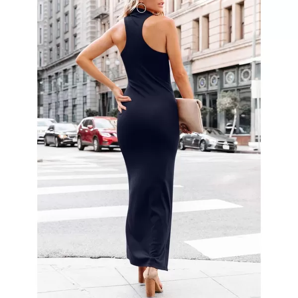 imageANRABESS Womens Sleeveless Mock Neck Slit Bodycon Dress Ribbed Knit Slim Fit Party Maxi DressNavy Blue