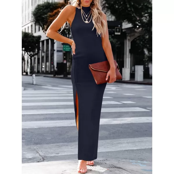 imageANRABESS Womens Sleeveless Mock Neck Slit Bodycon Dress Ribbed Knit Slim Fit Party Maxi DressNavy Blue