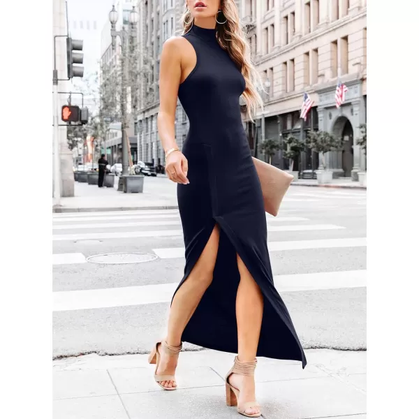 imageANRABESS Womens Sleeveless Mock Neck Slit Bodycon Dress Ribbed Knit Slim Fit Party Maxi DressNavy Blue