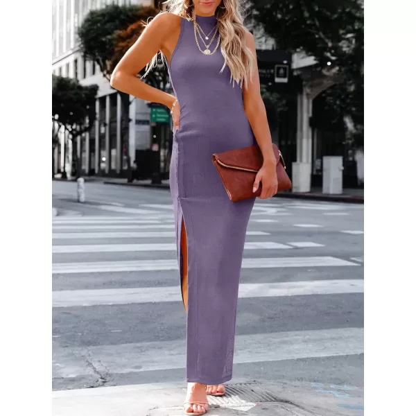 imageANRABESS Womens Sleeveless Mock Neck Slit Bodycon Dress Ribbed Knit Slim Fit Party Maxi DressPurple