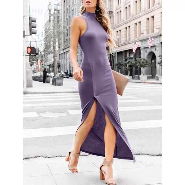 imageANRABESS Womens Sleeveless Mock Neck Slit Bodycon Dress Ribbed Knit Slim Fit Party Maxi DressPurple