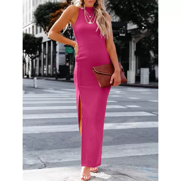 imageANRABESS Womens Sleeveless Mock Neck Slit Bodycon Dress Ribbed Knit Slim Fit Party Maxi DressRose