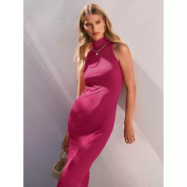imageANRABESS Womens Sleeveless Mock Neck Slit Bodycon Dress Ribbed Knit Slim Fit Party Maxi DressRose