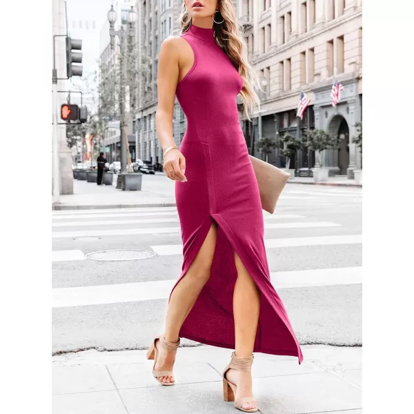 imageANRABESS Womens Sleeveless Mock Neck Slit Bodycon Dress Ribbed Knit Slim Fit Party Maxi DressRose
