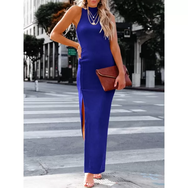 imageANRABESS Womens Sleeveless Mock Neck Slit Bodycon Dress Ribbed Knit Slim Fit Party Maxi DressRoyal Blue