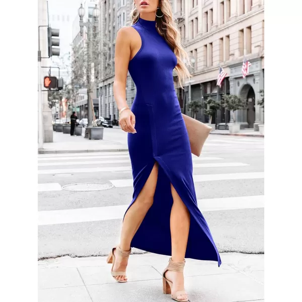 imageANRABESS Womens Sleeveless Mock Neck Slit Bodycon Dress Ribbed Knit Slim Fit Party Maxi DressRoyal Blue