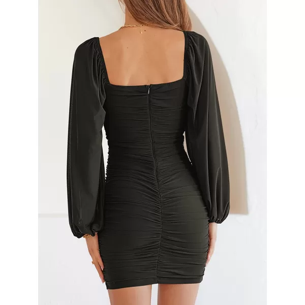 imageANRABESS Womens Square Neck Mesh Long Sleeve Ruched Bodycon Mini Dress Party Club Cocktail Short DressesBlack