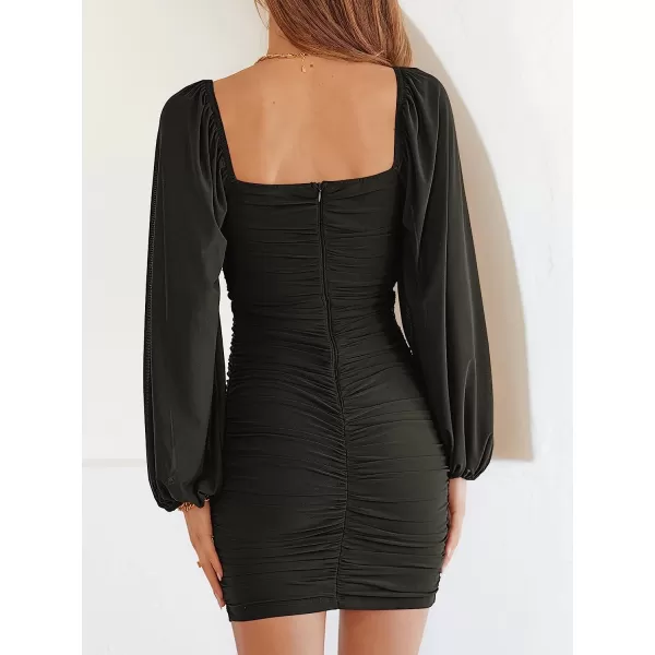 imageANRABESS Womens Square Neck Mesh Long Sleeve Ruched Bodycon Mini Dress Party Club Cocktail Short DressesBlack
