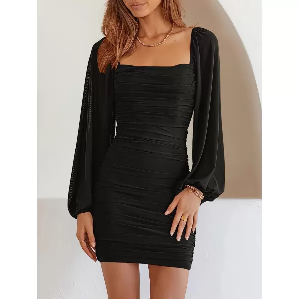 imageANRABESS Womens Square Neck Mesh Long Sleeve Ruched Bodycon Mini Dress Party Club Cocktail Short DressesBlack