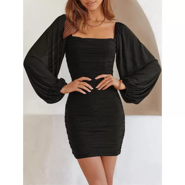 imageANRABESS Womens Square Neck Mesh Long Sleeve Ruched Bodycon Mini Dress Party Club Cocktail Short DressesBlack