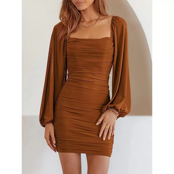 imageANRABESS Womens Square Neck Mesh Long Sleeve Ruched Bodycon Mini Dress Party Club Cocktail Short DressesBrown
