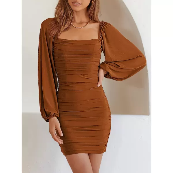 imageANRABESS Womens Square Neck Mesh Long Sleeve Ruched Bodycon Mini Dress Party Club Cocktail Short DressesBrown