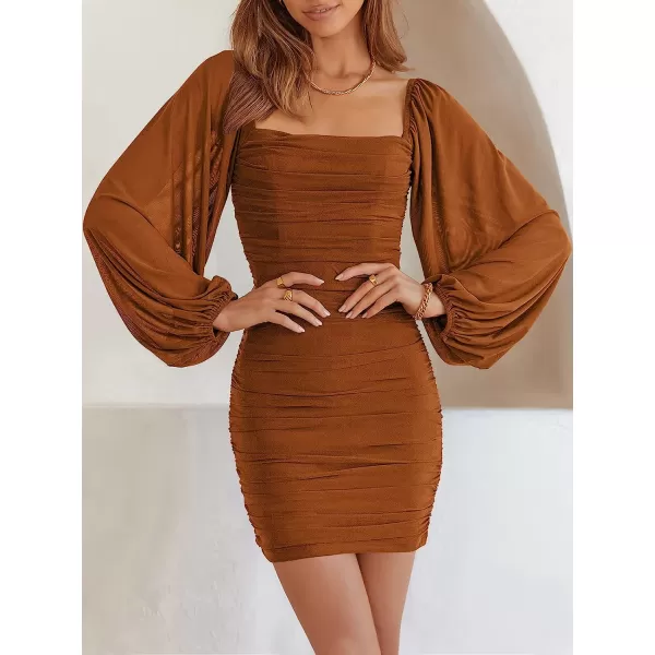 imageANRABESS Womens Square Neck Mesh Long Sleeve Ruched Bodycon Mini Dress Party Club Cocktail Short DressesBrown
