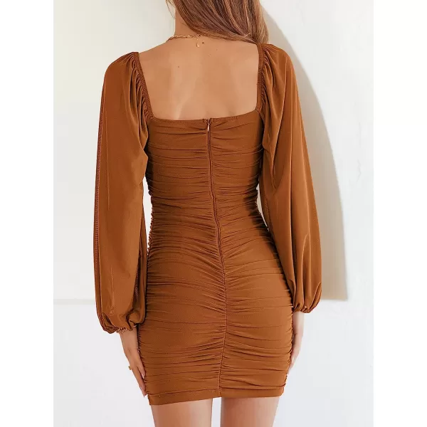imageANRABESS Womens Square Neck Mesh Long Sleeve Ruched Bodycon Mini Dress Party Club Cocktail Short DressesBrown