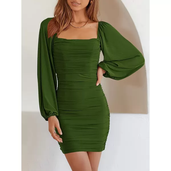 imageANRABESS Womens Square Neck Mesh Long Sleeve Ruched Bodycon Mini Dress Party Club Cocktail Short DressesDeep Green