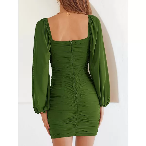 imageANRABESS Womens Square Neck Mesh Long Sleeve Ruched Bodycon Mini Dress Party Club Cocktail Short DressesDeep Green