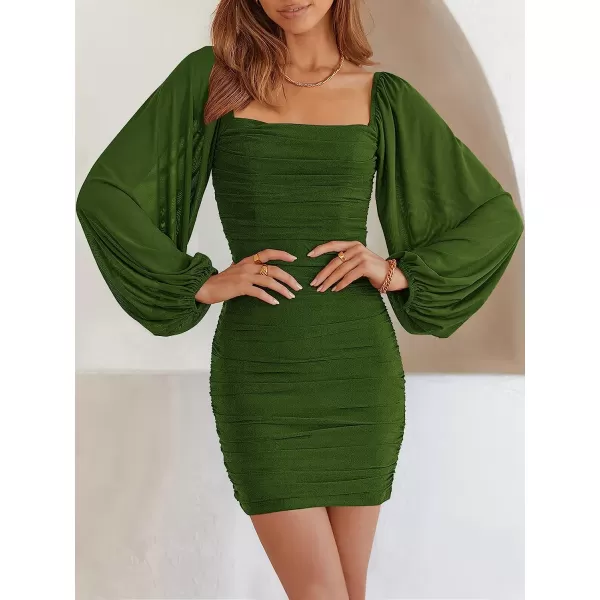 imageANRABESS Womens Square Neck Mesh Long Sleeve Ruched Bodycon Mini Dress Party Club Cocktail Short DressesDeep Green