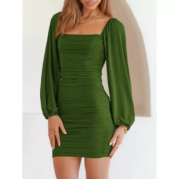 imageANRABESS Womens Square Neck Mesh Long Sleeve Ruched Bodycon Mini Dress Party Club Cocktail Short DressesDeep Green