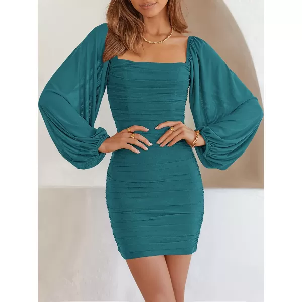 imageANRABESS Womens Square Neck Mesh Long Sleeve Ruched Bodycon Mini Dress Party Club Cocktail Short DressesLake