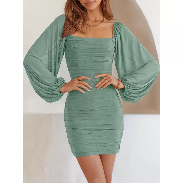 imageANRABESS Womens Square Neck Mesh Long Sleeve Ruched Bodycon Mini Dress Party Club Cocktail Short DressesLight Green