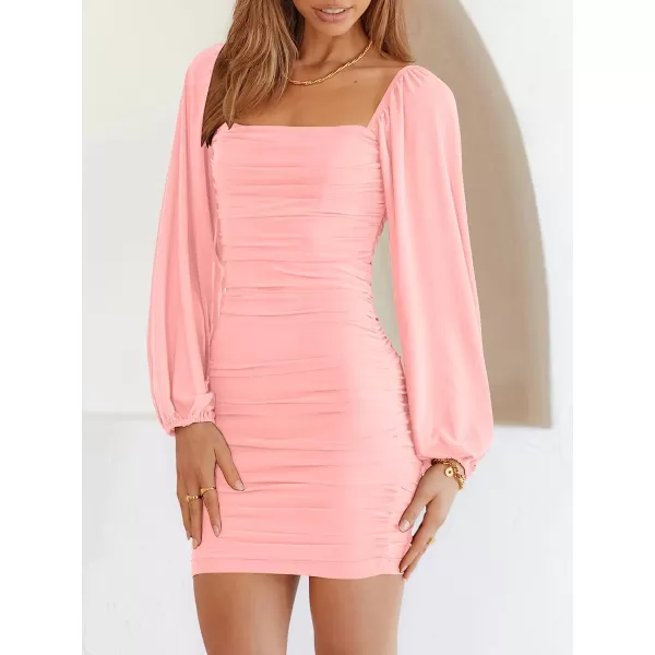 imageANRABESS Womens Square Neck Mesh Long Sleeve Ruched Bodycon Mini Dress Party Club Cocktail Short DressesLight Pink