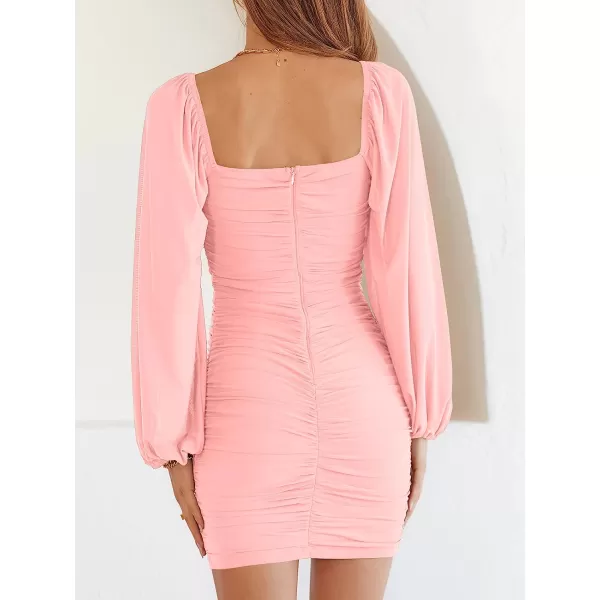 imageANRABESS Womens Square Neck Mesh Long Sleeve Ruched Bodycon Mini Dress Party Club Cocktail Short DressesLight Pink