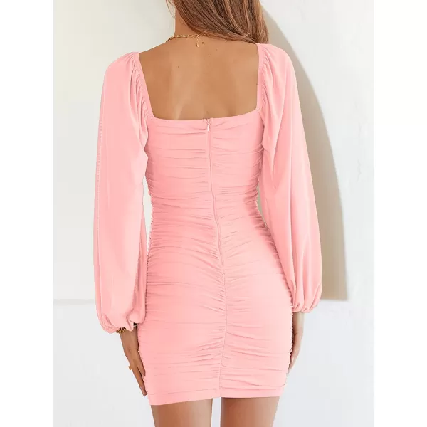 imageANRABESS Womens Square Neck Mesh Long Sleeve Ruched Bodycon Mini Dress Party Club Cocktail Short DressesLight Pink