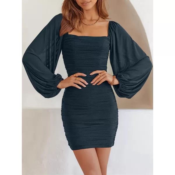 imageANRABESS Womens Square Neck Mesh Long Sleeve Ruched Bodycon Mini Dress Party Club Cocktail Short DressesNavy Blue