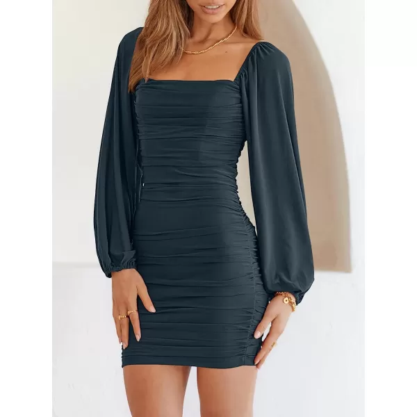 imageANRABESS Womens Square Neck Mesh Long Sleeve Ruched Bodycon Mini Dress Party Club Cocktail Short DressesNavy Blue