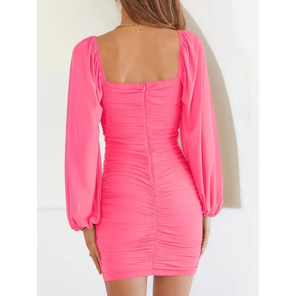 imageANRABESS Womens Square Neck Mesh Long Sleeve Ruched Bodycon Mini Dress Party Club Cocktail Short DressesNeon Pink
