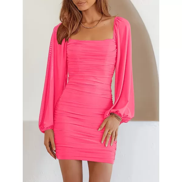 imageANRABESS Womens Square Neck Mesh Long Sleeve Ruched Bodycon Mini Dress Party Club Cocktail Short DressesNeon Pink