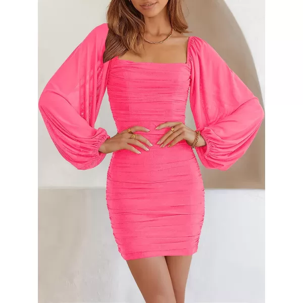 imageANRABESS Womens Square Neck Mesh Long Sleeve Ruched Bodycon Mini Dress Party Club Cocktail Short DressesNeon Pink
