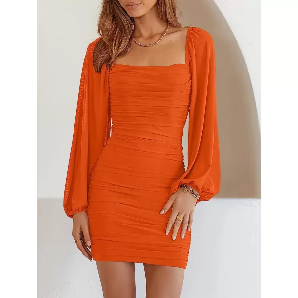 imageANRABESS Womens Square Neck Mesh Long Sleeve Ruched Bodycon Mini Dress Party Club Cocktail Short DressesOrange