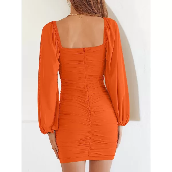 imageANRABESS Womens Square Neck Mesh Long Sleeve Ruched Bodycon Mini Dress Party Club Cocktail Short DressesOrange