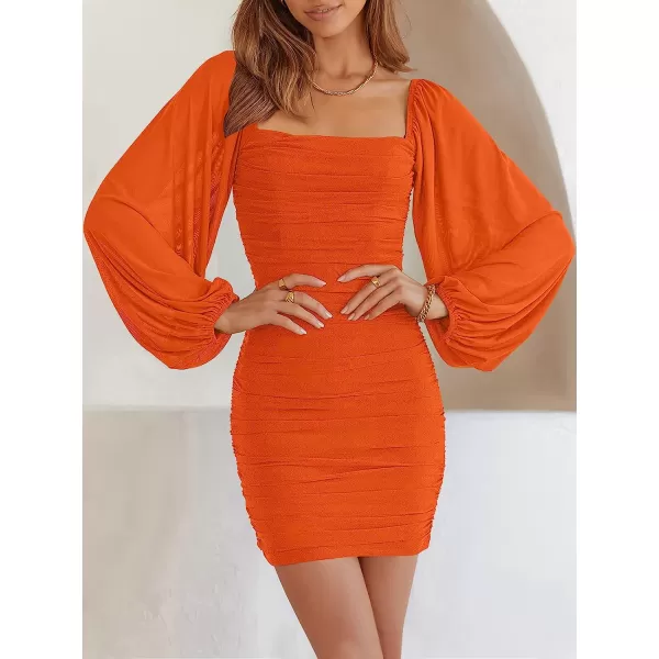 imageANRABESS Womens Square Neck Mesh Long Sleeve Ruched Bodycon Mini Dress Party Club Cocktail Short DressesOrange