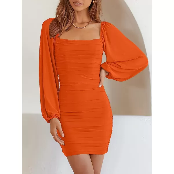 imageANRABESS Womens Square Neck Mesh Long Sleeve Ruched Bodycon Mini Dress Party Club Cocktail Short DressesOrange