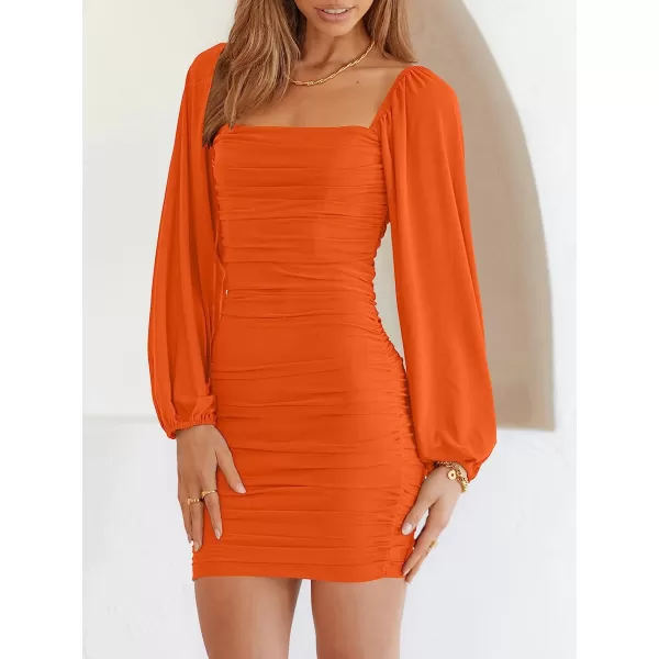 imageANRABESS Womens Square Neck Mesh Long Sleeve Ruched Bodycon Mini Dress Party Club Cocktail Short DressesOrange