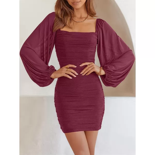 imageANRABESS Womens Square Neck Mesh Long Sleeve Ruched Bodycon Mini Dress Party Club Cocktail Short DressesPurple