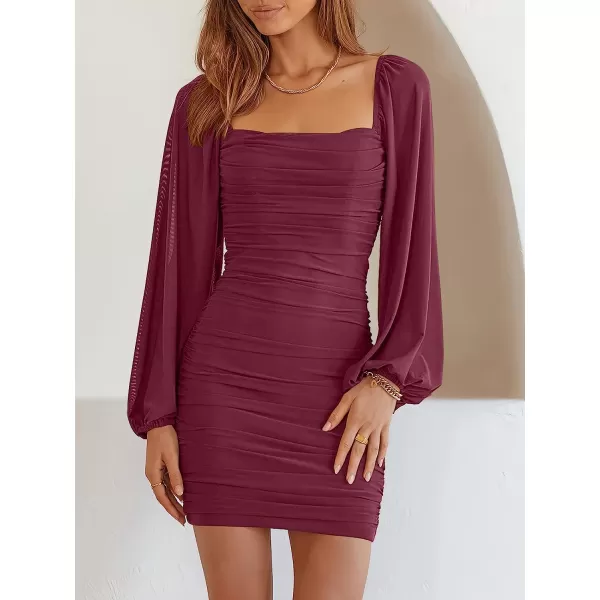 imageANRABESS Womens Square Neck Mesh Long Sleeve Ruched Bodycon Mini Dress Party Club Cocktail Short DressesPurple