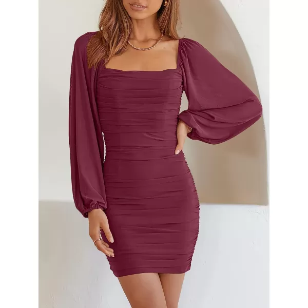 imageANRABESS Womens Square Neck Mesh Long Sleeve Ruched Bodycon Mini Dress Party Club Cocktail Short DressesPurple